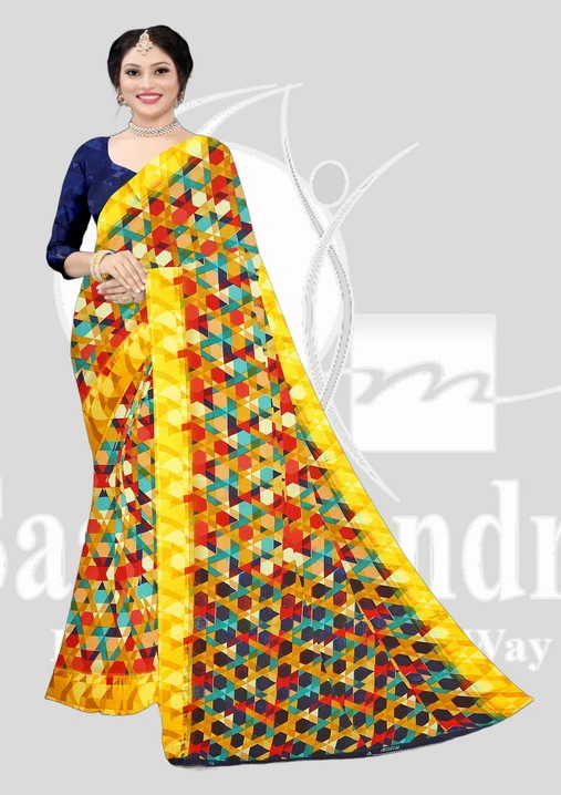 Wetless Printed Saree with Lace - Kdambari - Yellow Mix